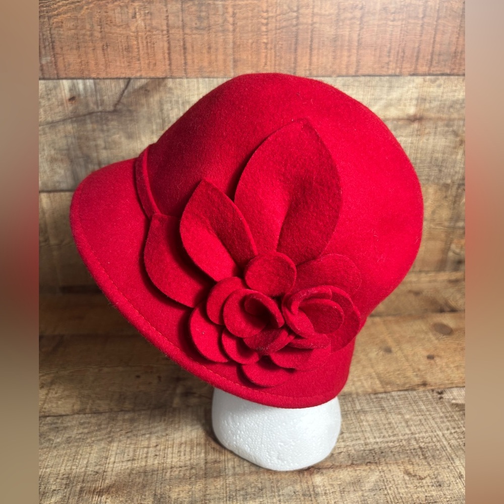 Red Wool Bucket Hat Fabric Flower One Size Nine West Retro Feminine NWOT